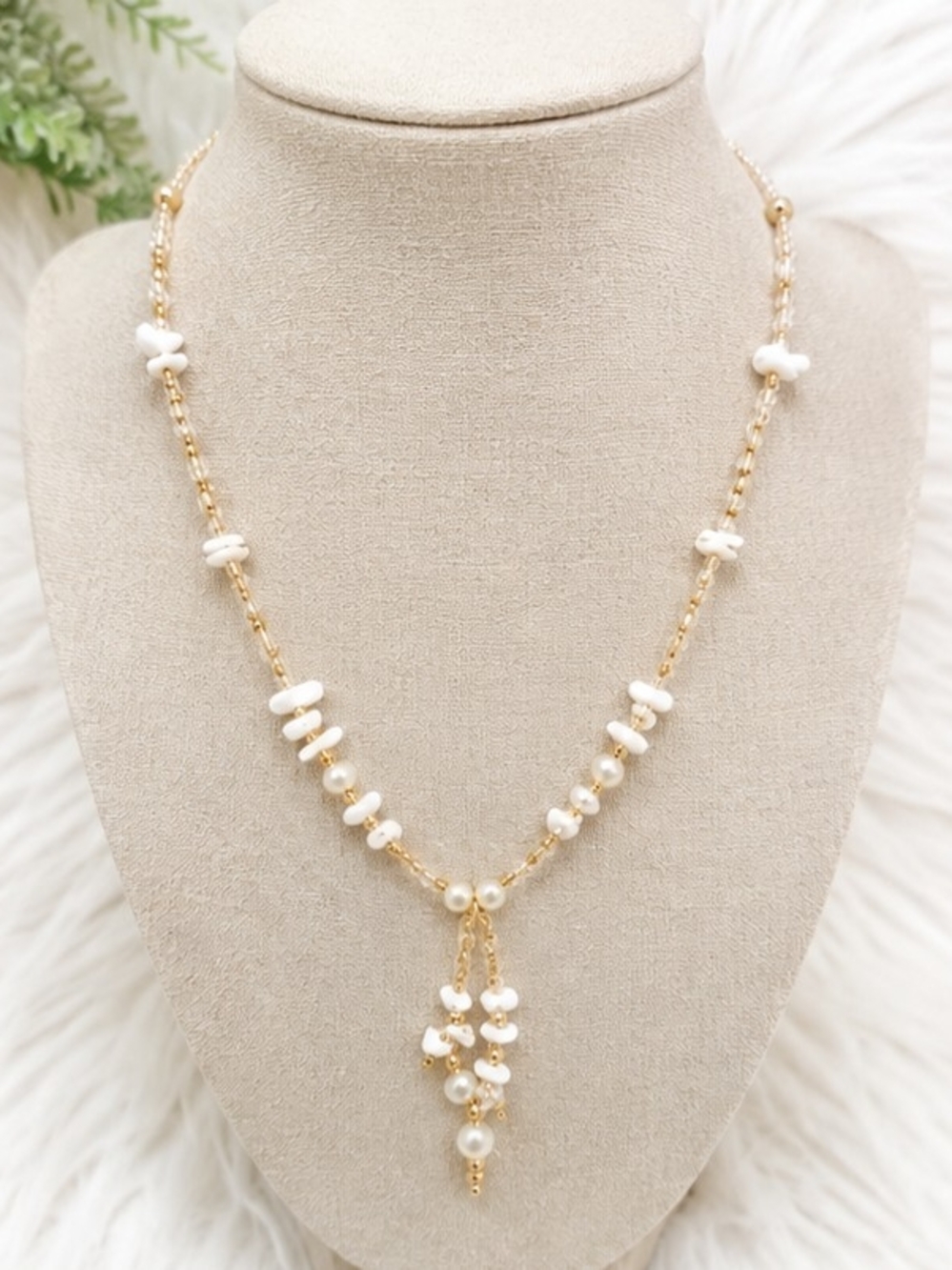 Plunder Jewelry Gold Tone Y-Drop Necklace White Stone Chips Faux Pearls New